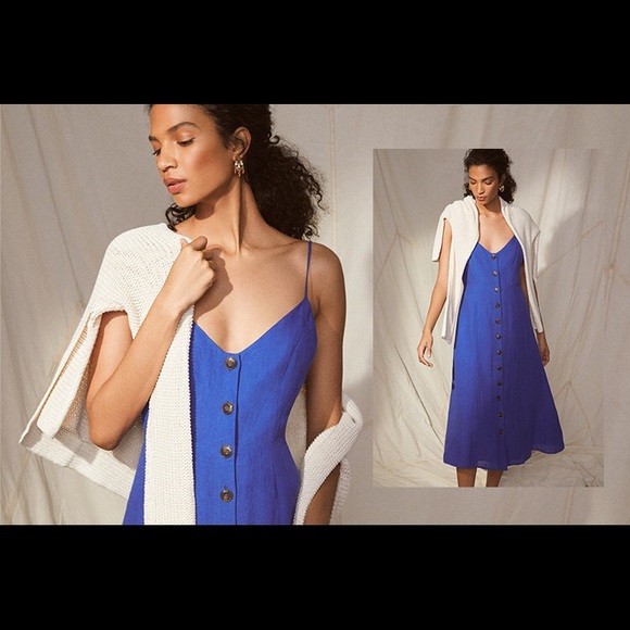 BCBGMaxAzria Button Front Linen Dress in Blueberry - Picture 3 of 16